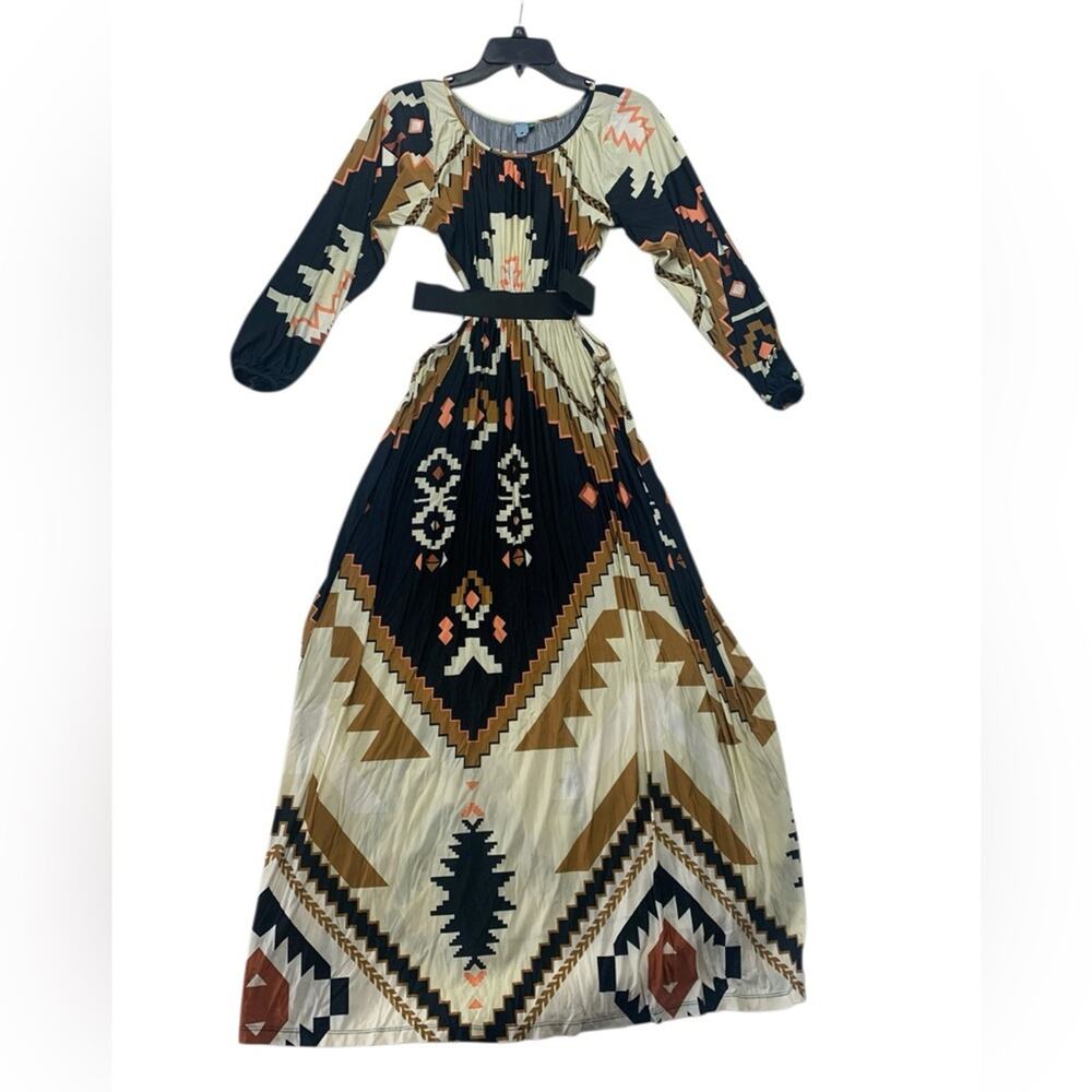 FARM Rio size small maxi dress Aztec belted cut out Multicolor Grey cream tan - Picture 2 of 12